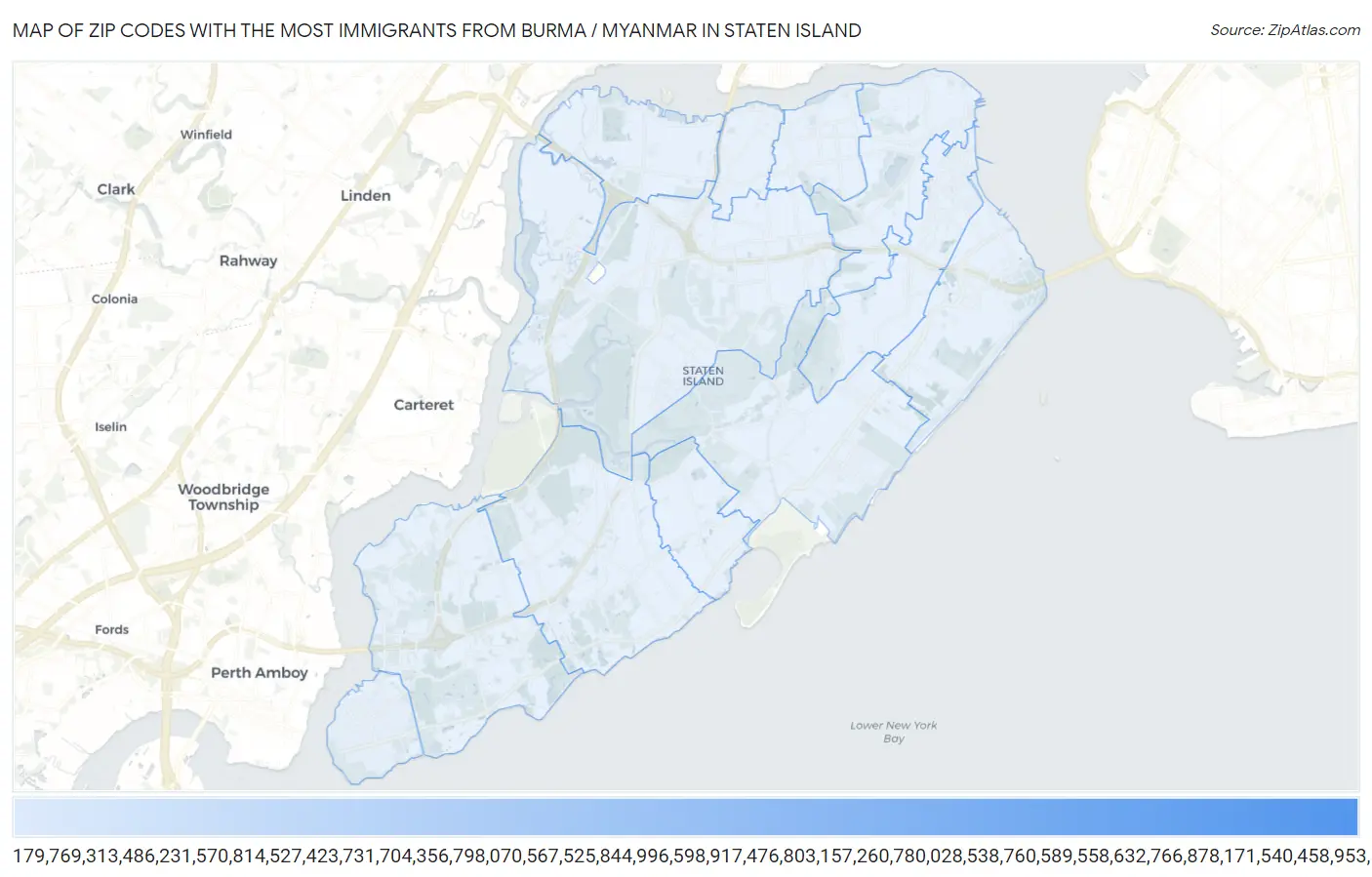Zip Codes with the Most Immigrants from Burma / Myanmar in Staten Island Map