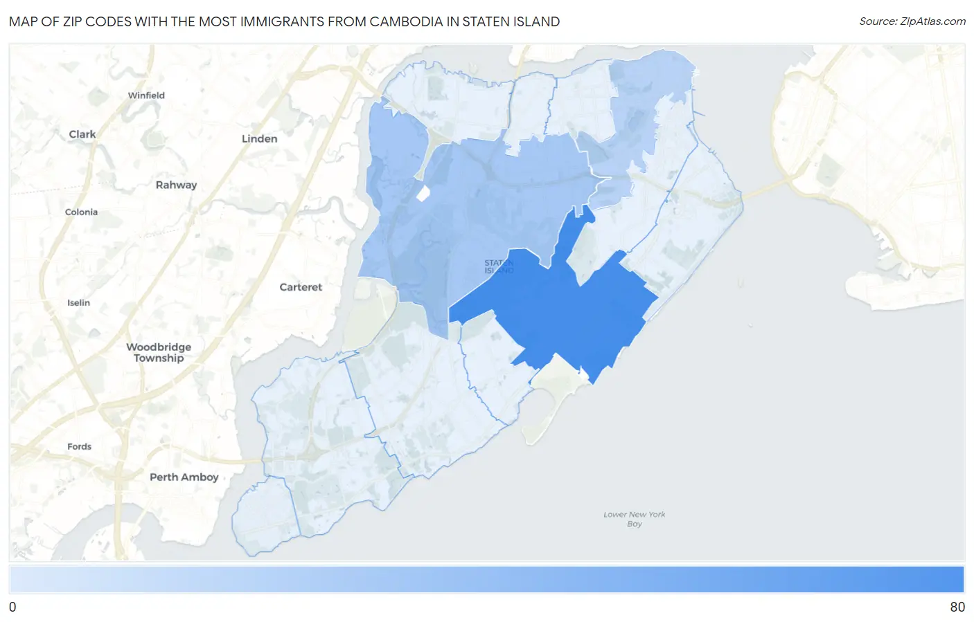 Zip Codes with the Most Immigrants from Cambodia in Staten Island Map