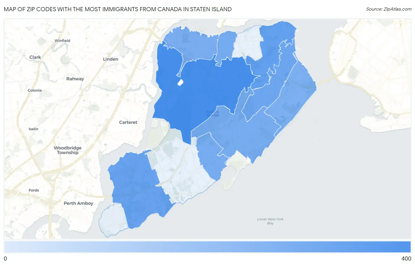 Zip Codes with the Most Immigrants from Canada in Staten Island Map