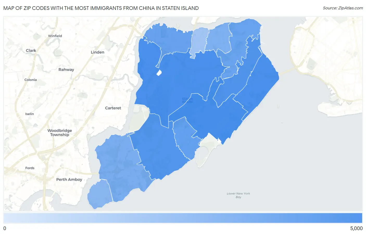 Zip Codes with the Most Immigrants from China in Staten Island Map