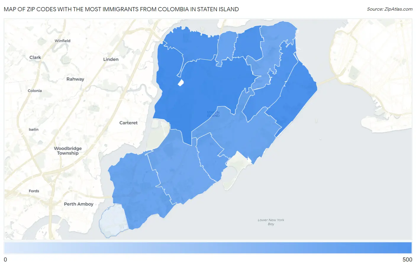 Zip Codes with the Most Immigrants from Colombia in Staten Island Map