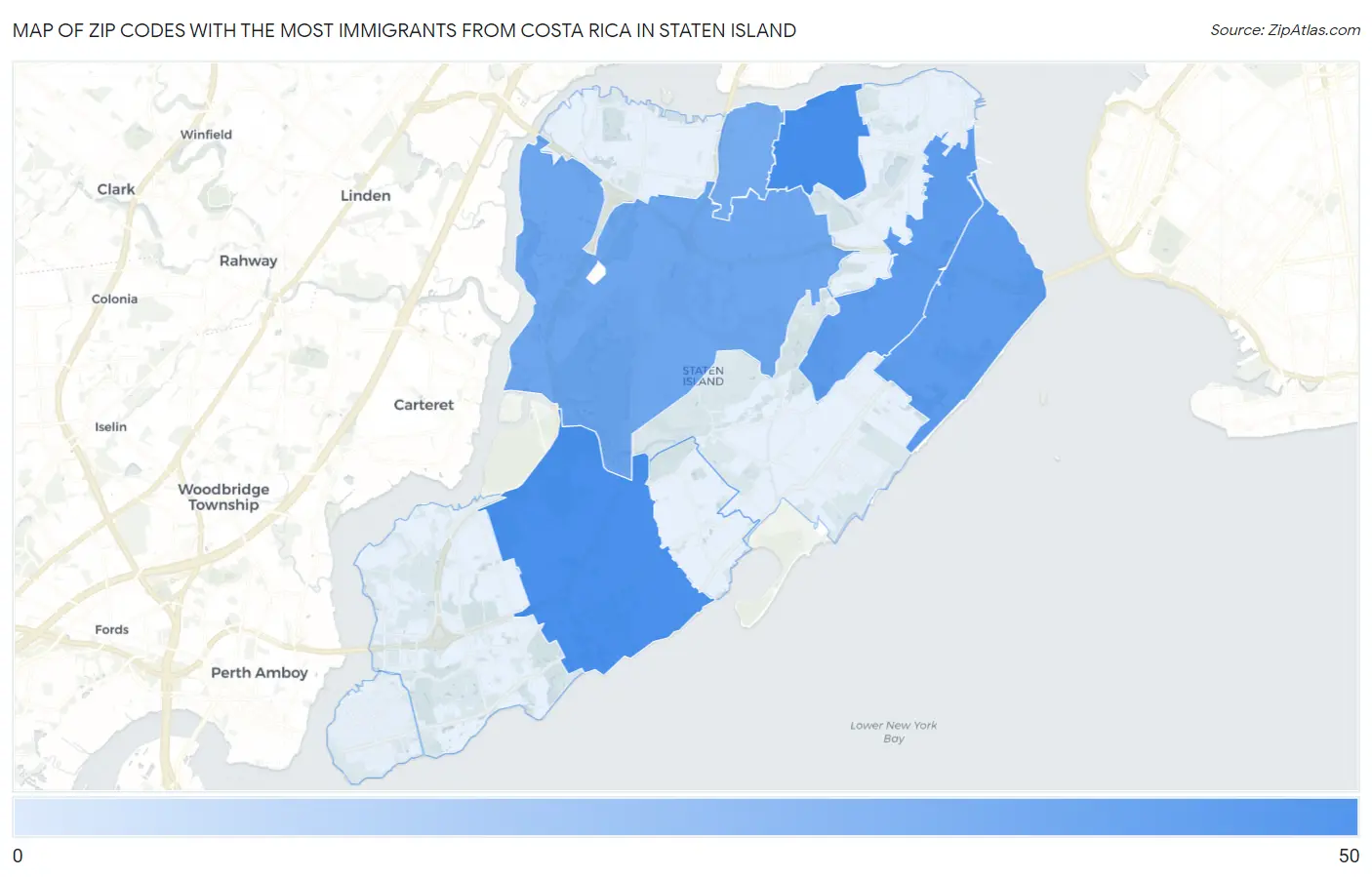 Zip Codes with the Most Immigrants from Costa Rica in Staten Island Map