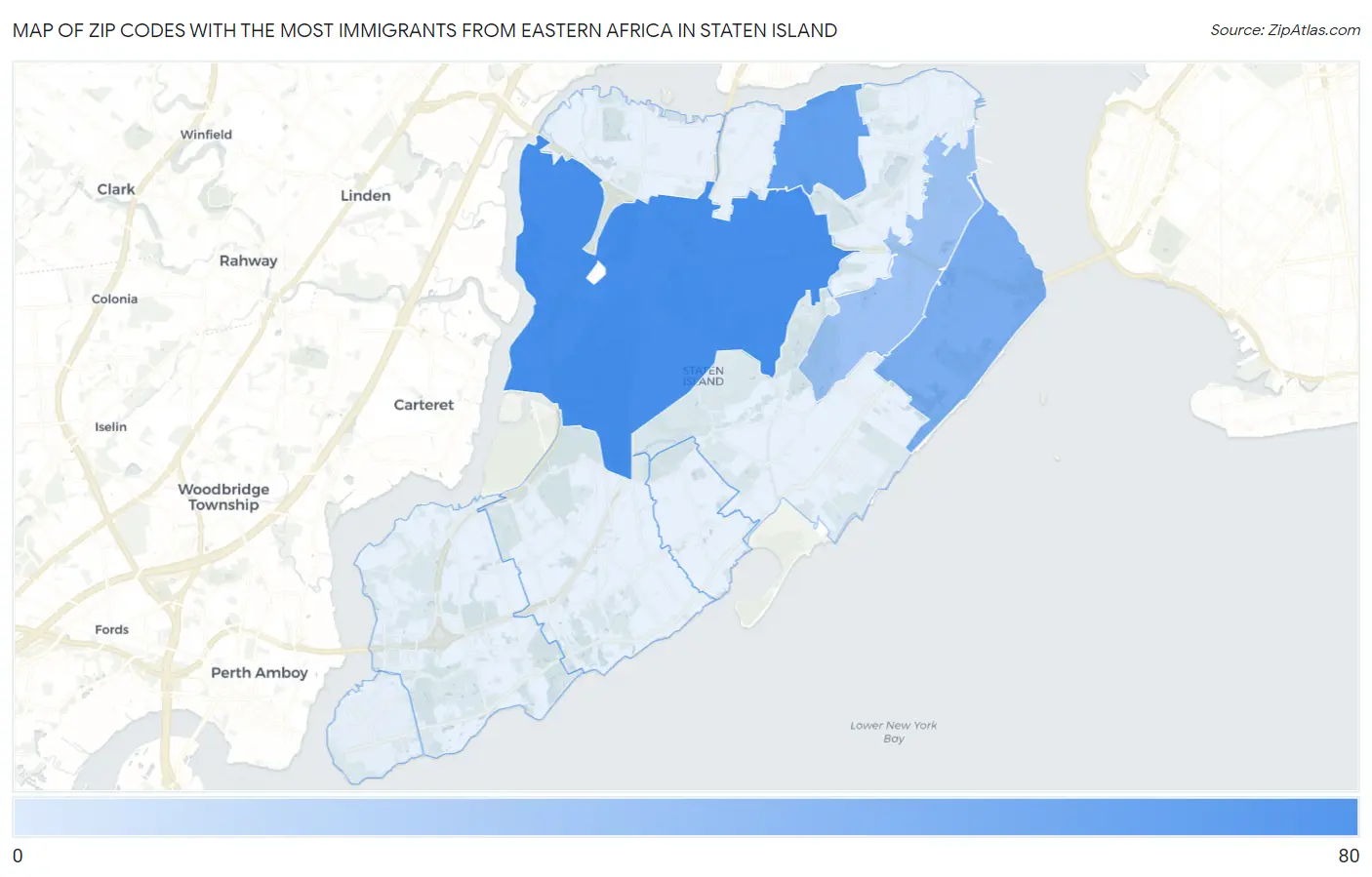 Zip Codes with the Most Immigrants from Eastern Africa in Staten Island Map