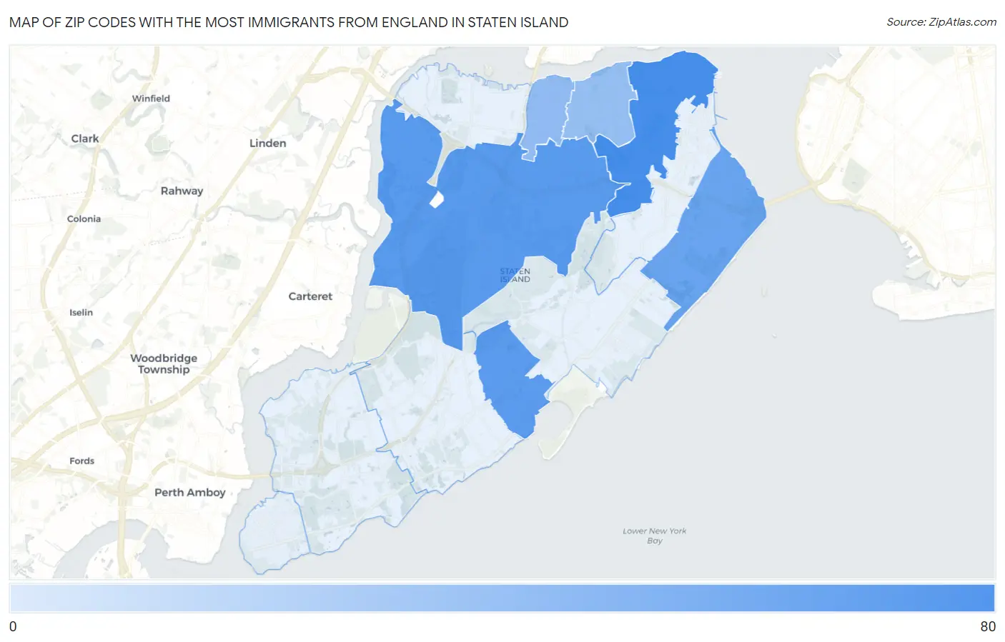Zip Codes with the Most Immigrants from England in Staten Island Map