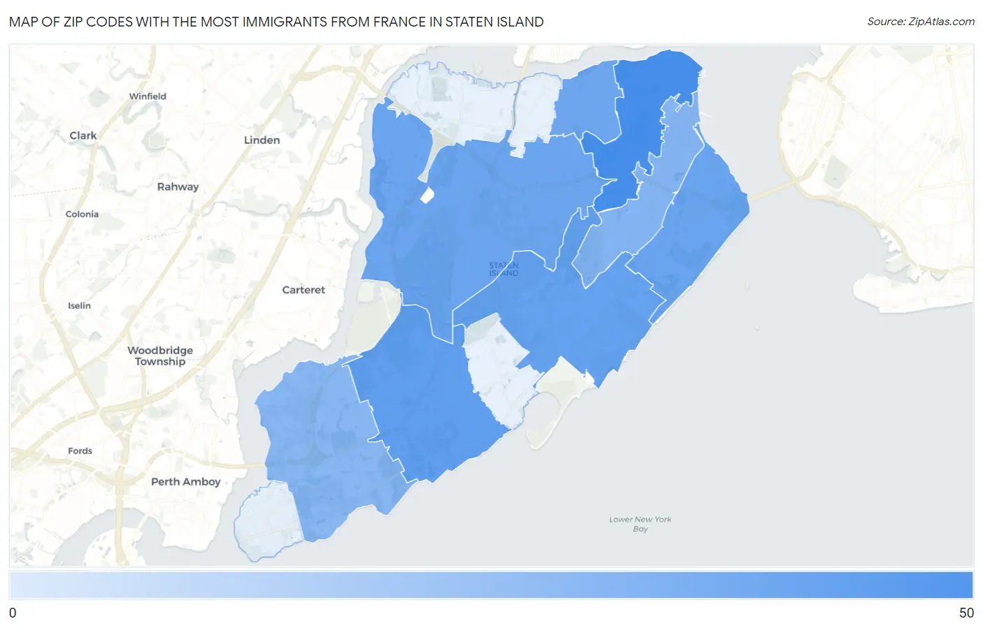 Zip Codes with the Most Immigrants from France in Staten Island Map