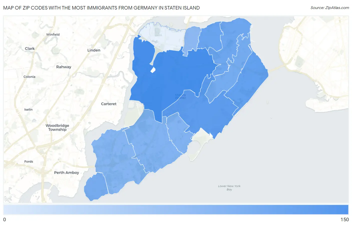 Zip Codes with the Most Immigrants from Germany in Staten Island Map