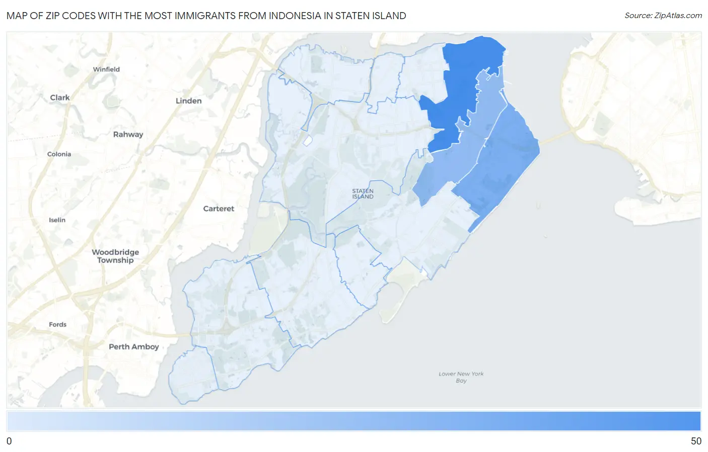 Zip Codes with the Most Immigrants from Indonesia in Staten Island Map
