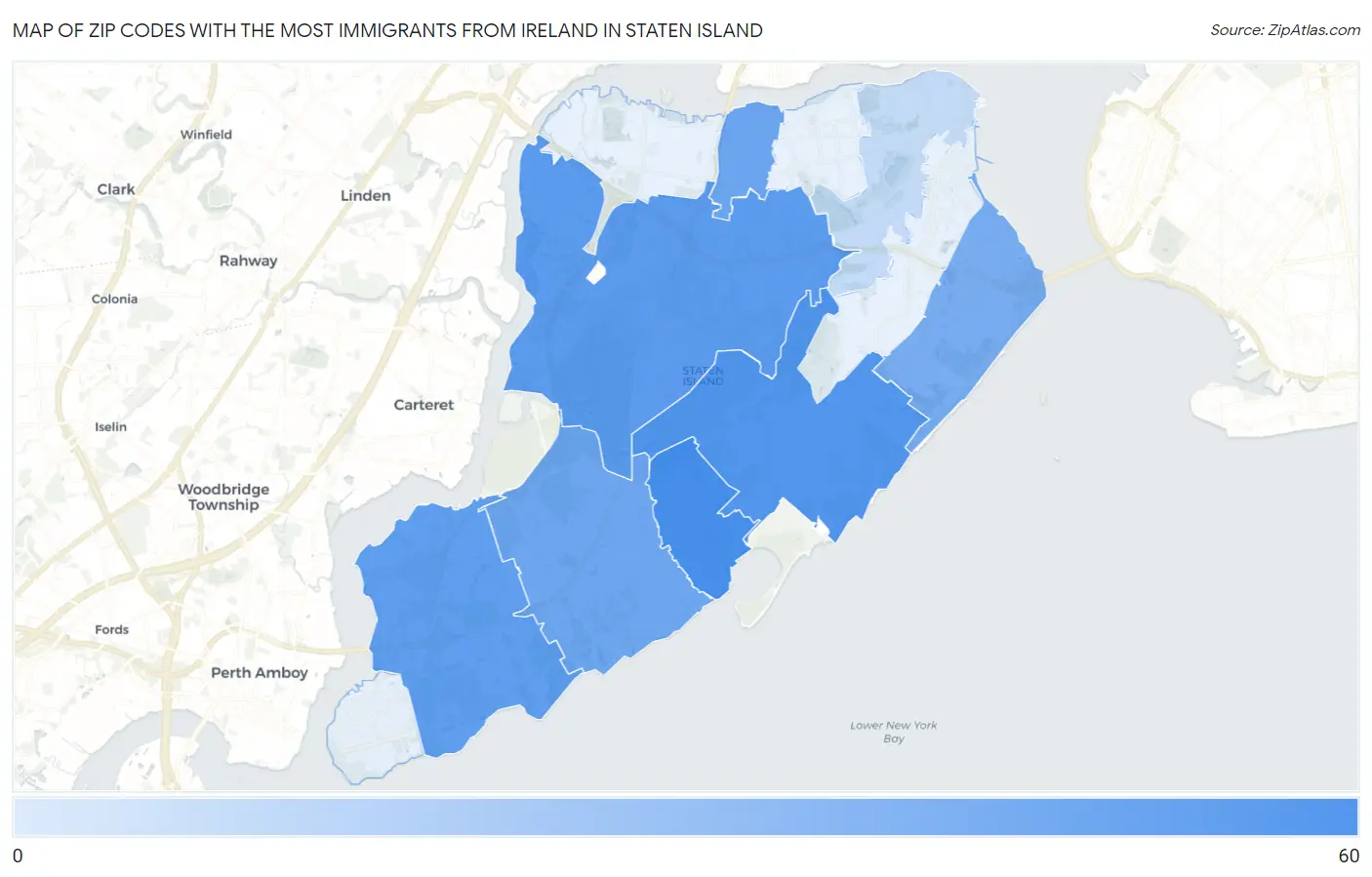 Zip Codes with the Most Immigrants from Ireland in Staten Island Map