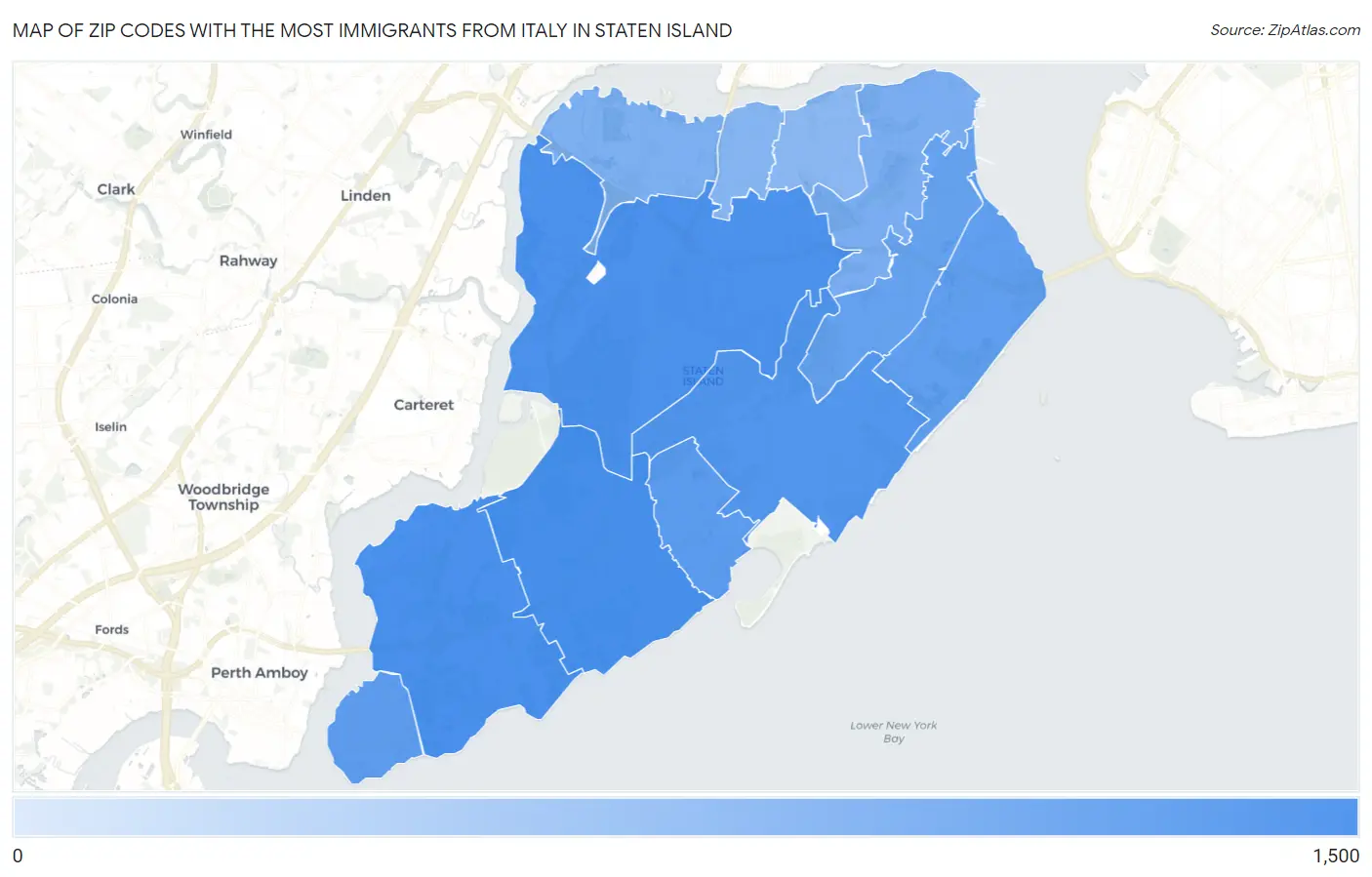Zip Codes with the Most Immigrants from Italy in Staten Island Map
