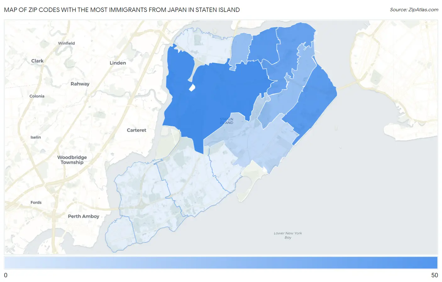 Zip Codes with the Most Immigrants from Japan in Staten Island Map