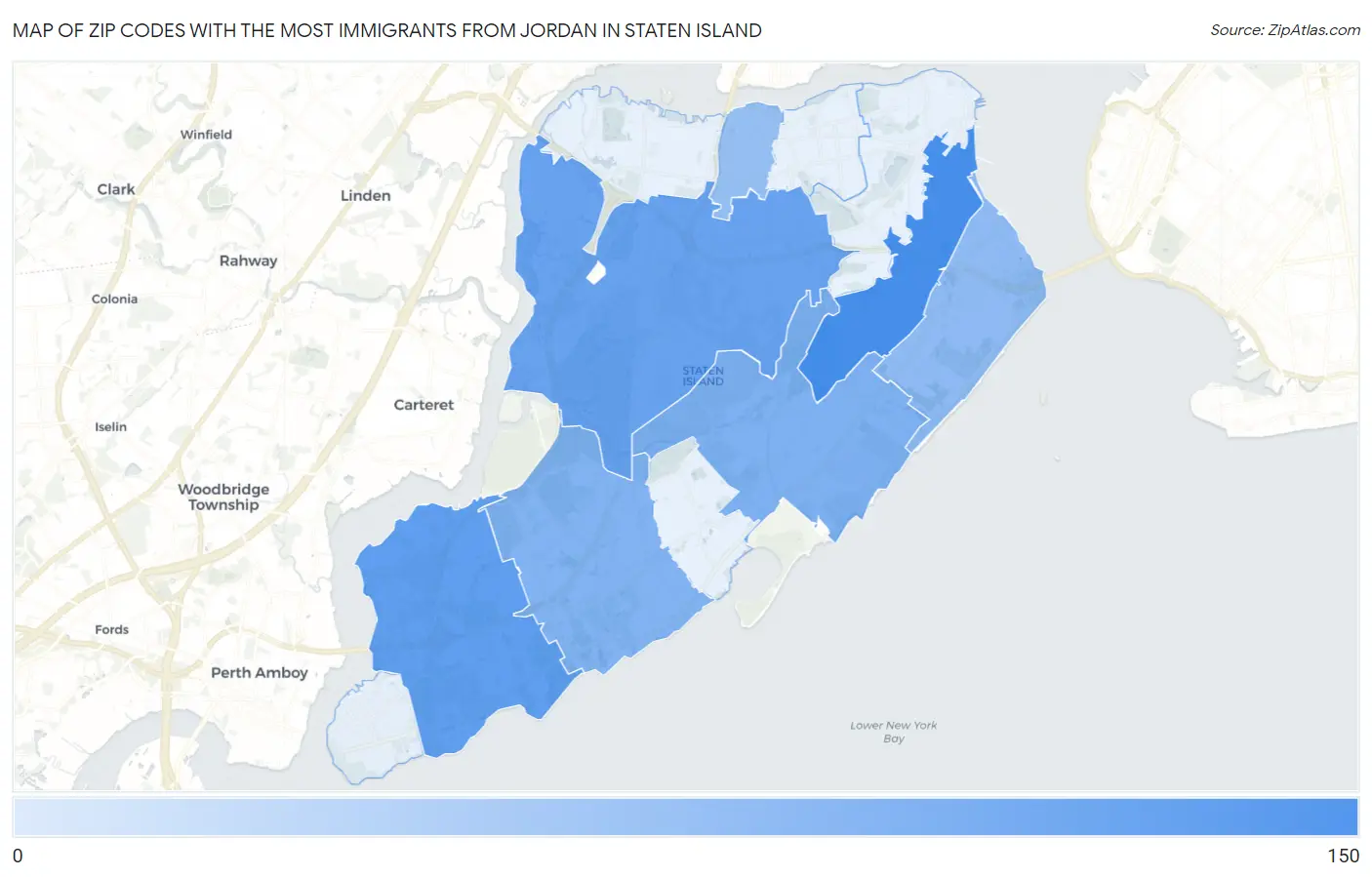 Zip Codes with the Most Immigrants from Jordan in Staten Island Map
