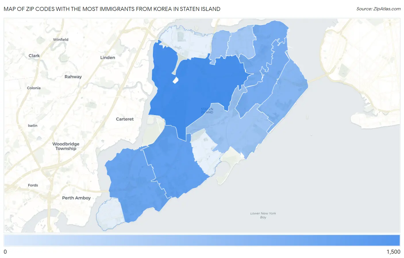 Zip Codes with the Most Immigrants from Korea in Staten Island Map