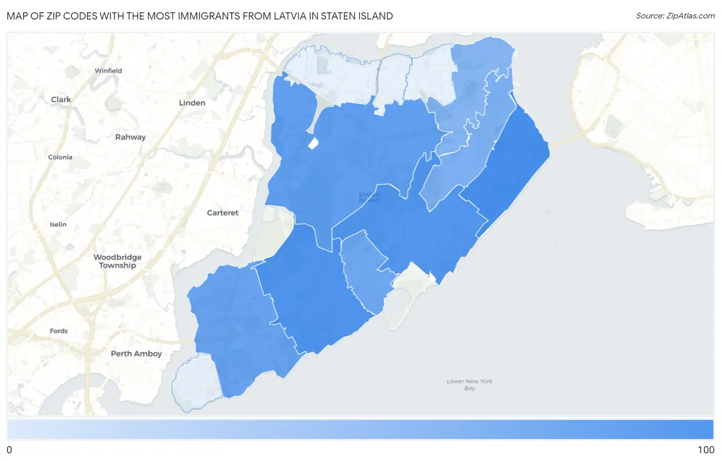 Zip Codes with the Most Immigrants from Latvia in Staten Island Map