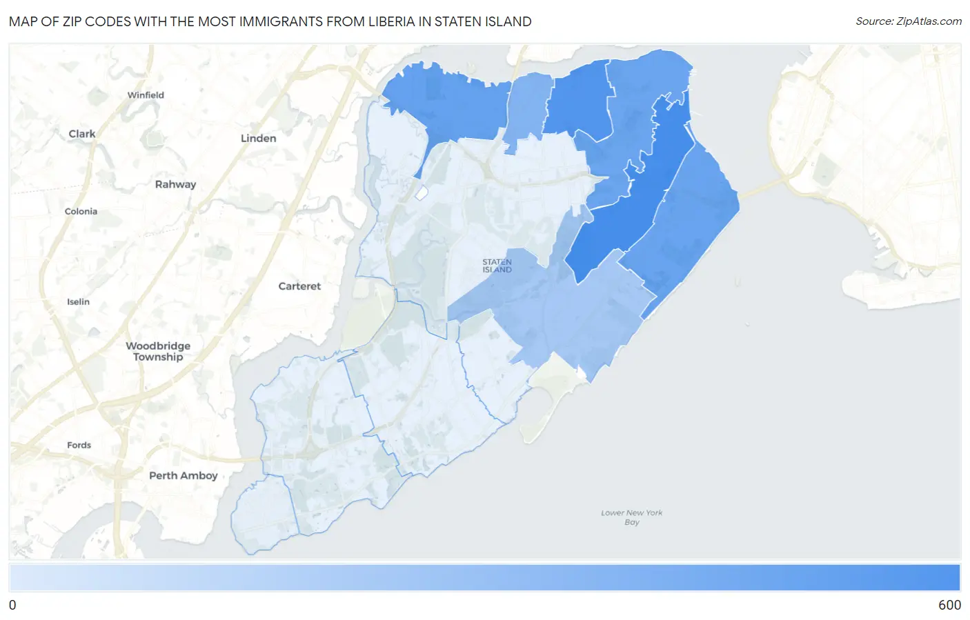 Zip Codes with the Most Immigrants from Liberia in Staten Island Map