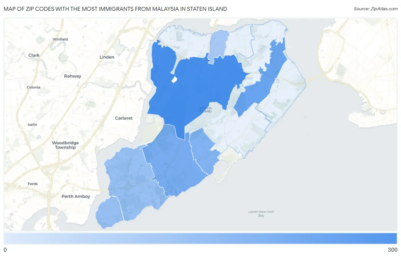 Zip Codes with the Most Immigrants from Malaysia in Staten Island Map