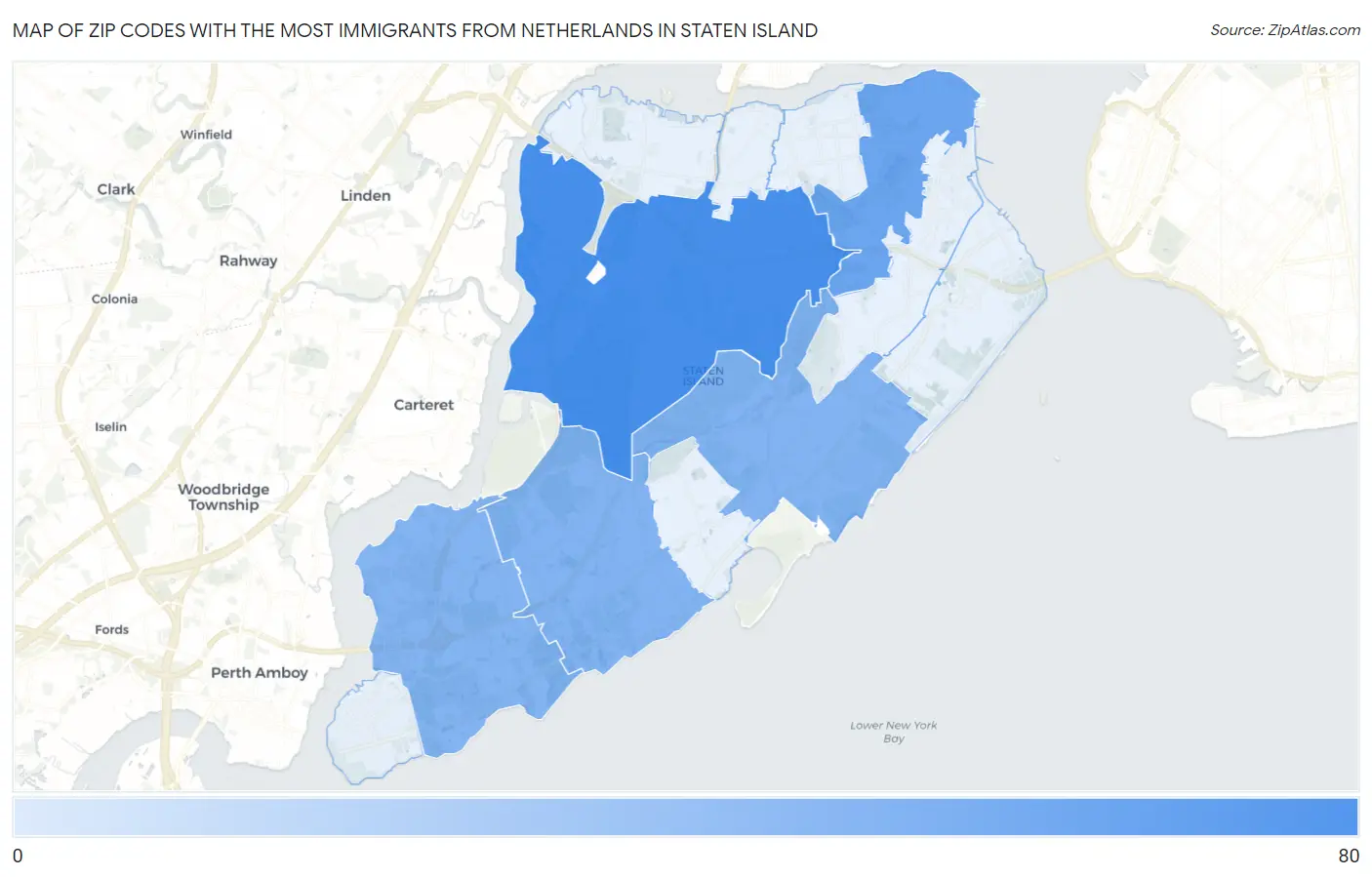 Zip Codes with the Most Immigrants from Netherlands in Staten Island Map