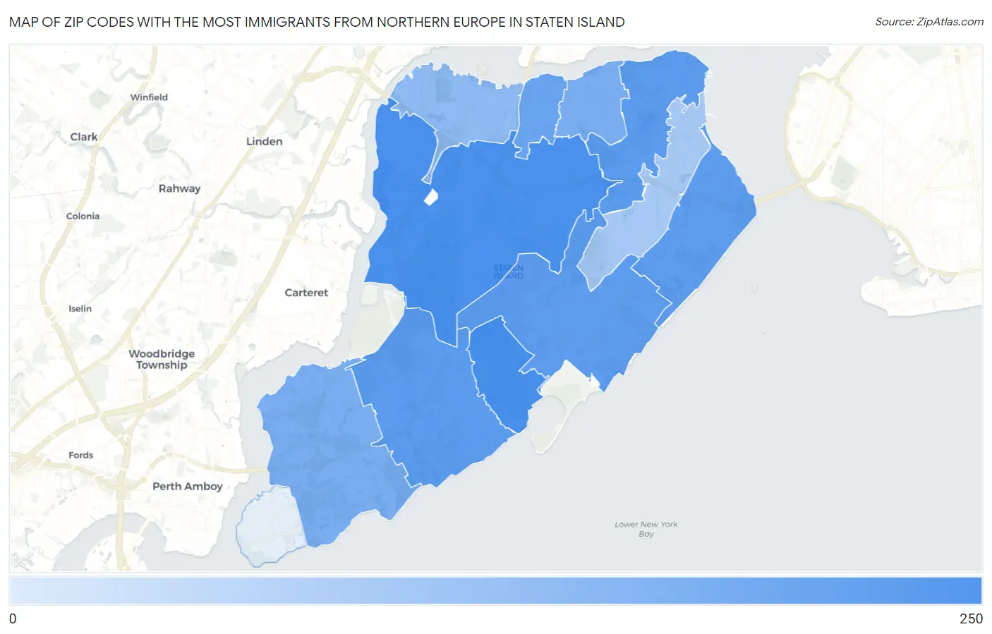 Zip Codes with the Most Immigrants from Northern Europe in Staten Island Map