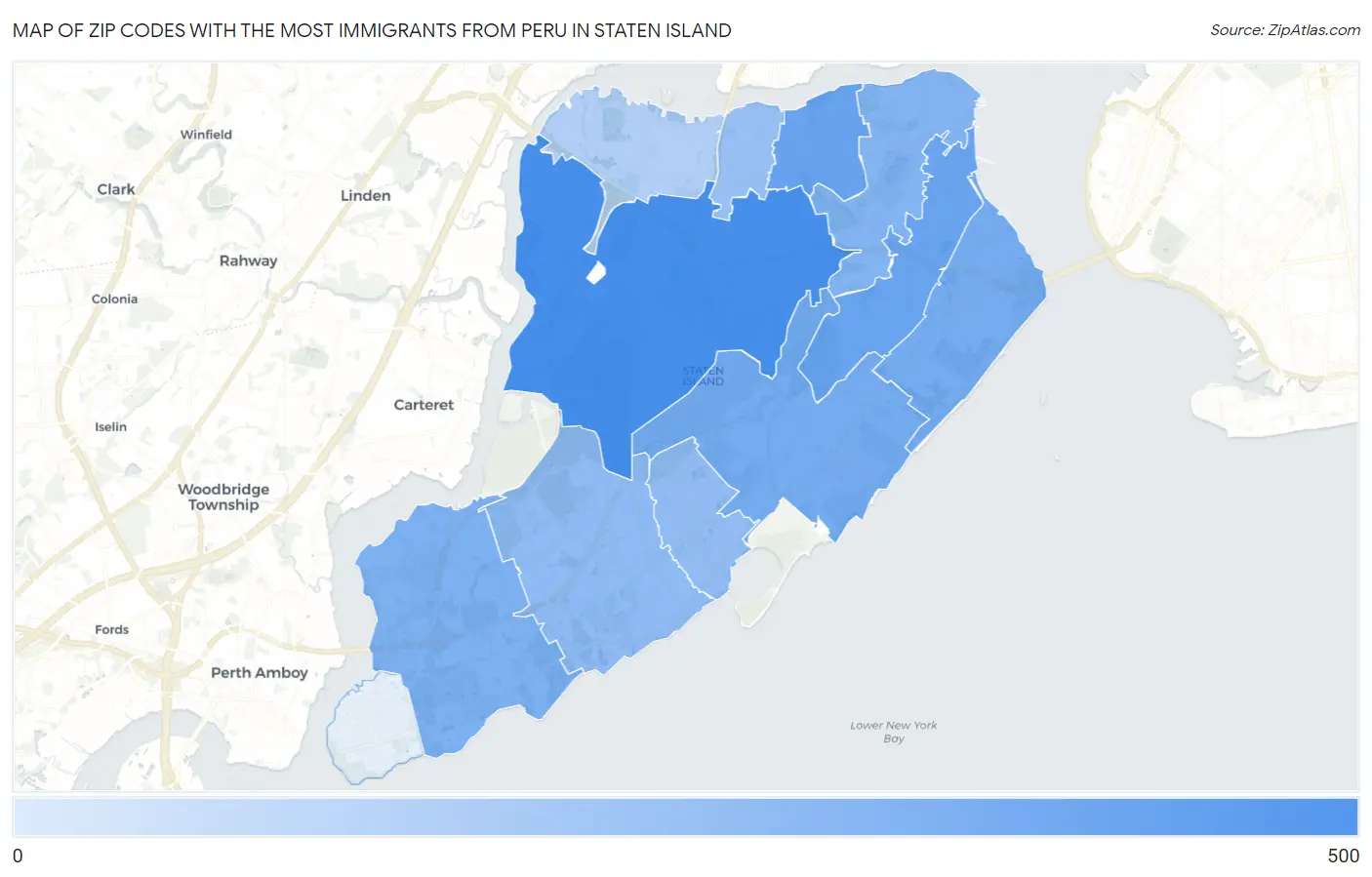 Zip Codes with the Most Immigrants from Peru in Staten Island Map