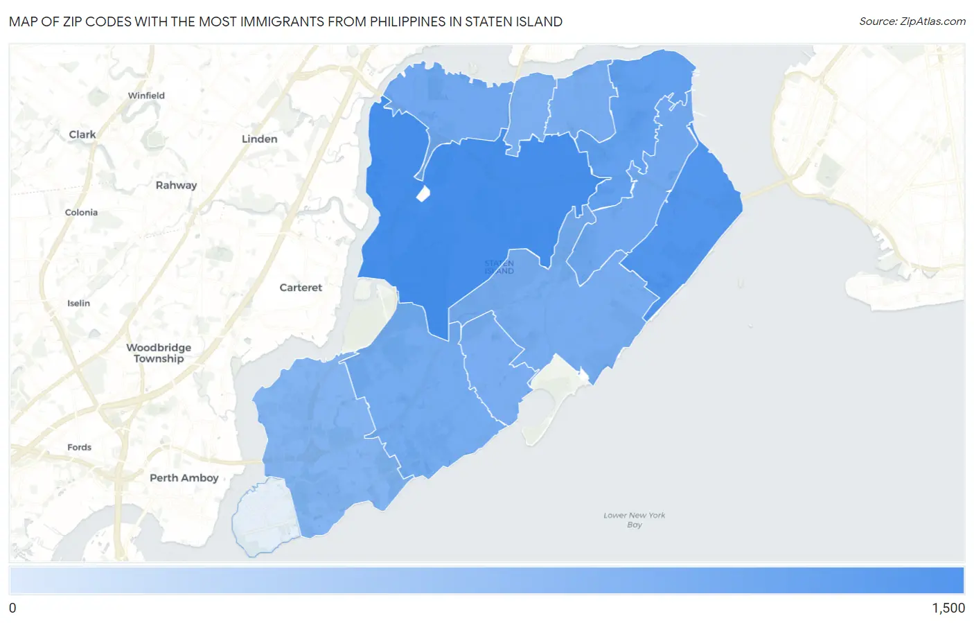 Zip Codes with the Most Immigrants from Philippines in Staten Island Map