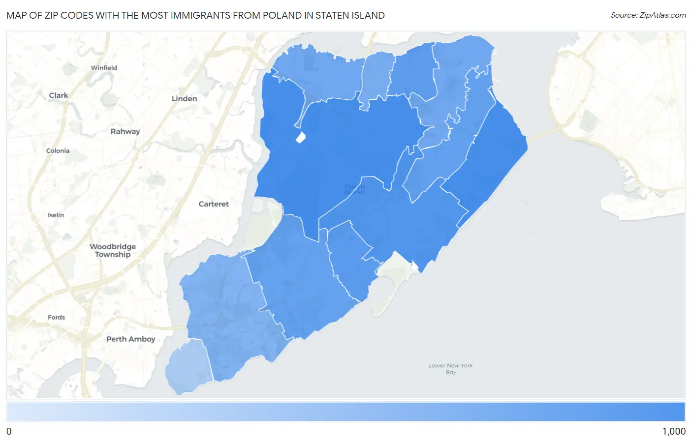 Zip Codes with the Most Immigrants from Poland in Staten Island Map