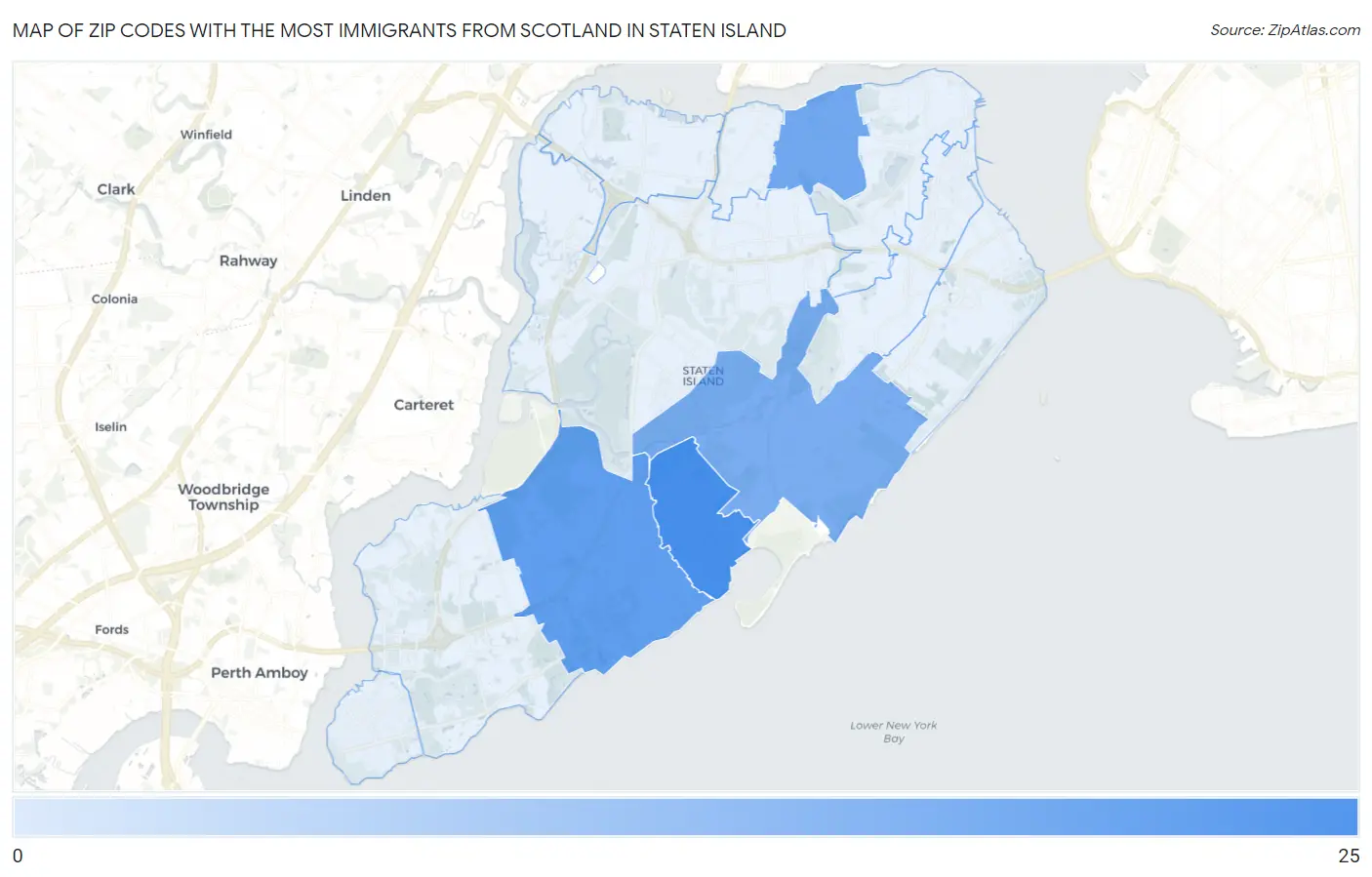 Zip Codes with the Most Immigrants from Scotland in Staten Island Map