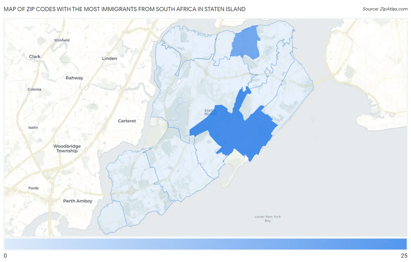 Zip Codes with the Most Immigrants from South Africa in Staten Island Map