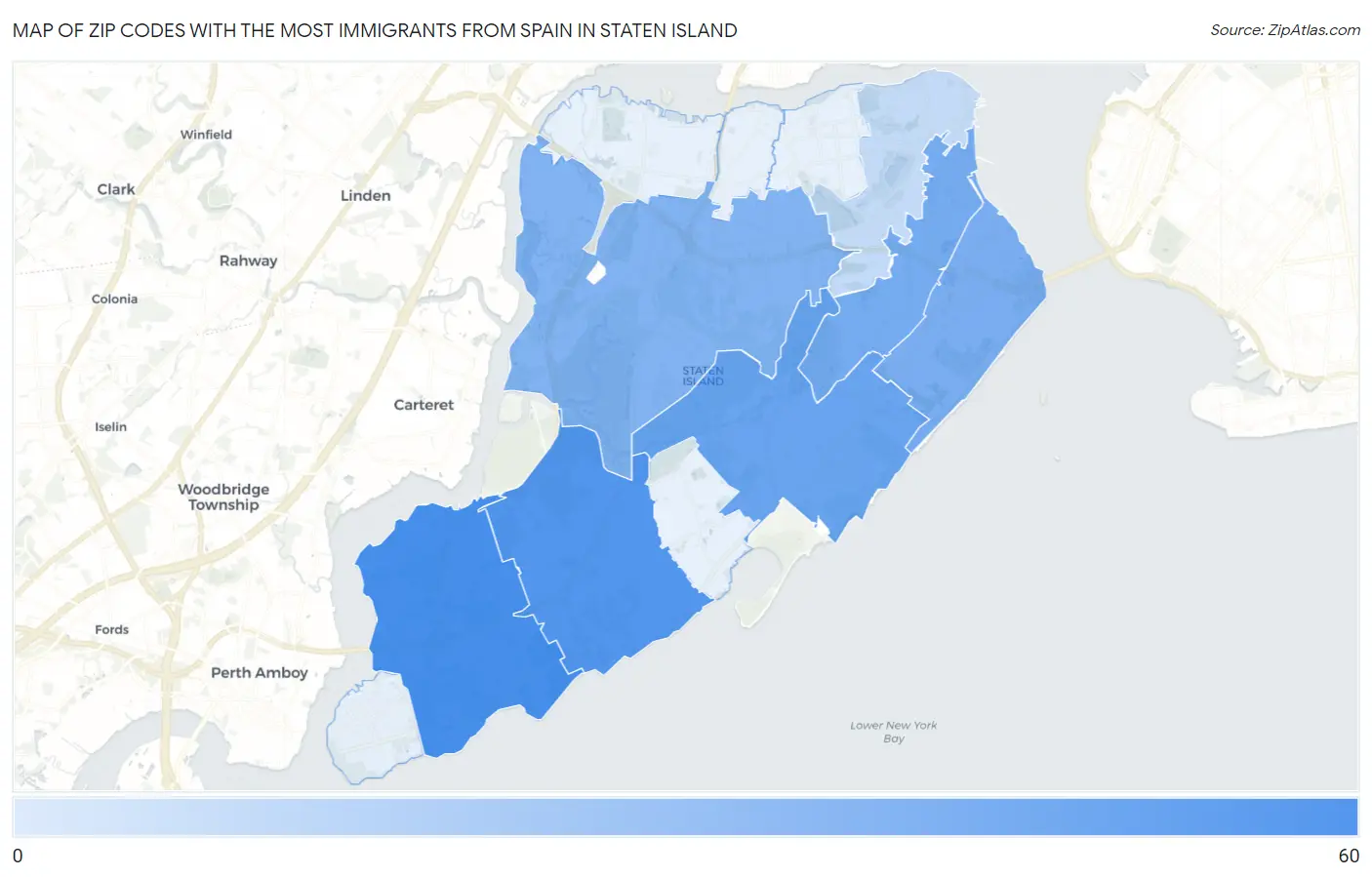 Zip Codes with the Most Immigrants from Spain in Staten Island Map