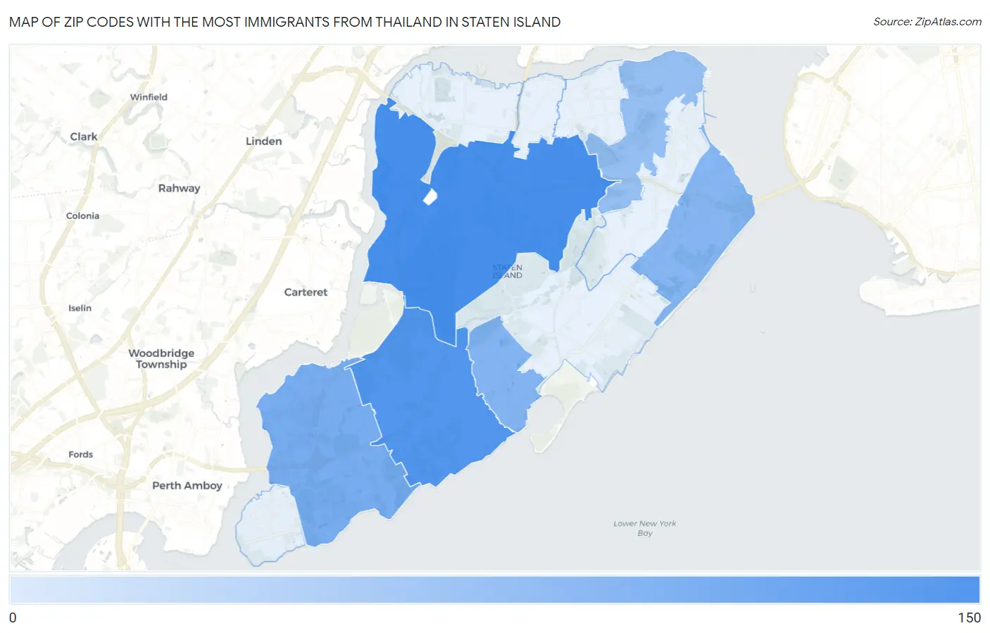 Zip Codes with the Most Immigrants from Thailand in Staten Island Map