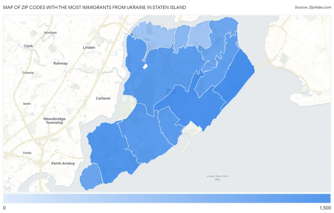 Zip Codes with the Most Immigrants from Ukraine in Staten Island Map