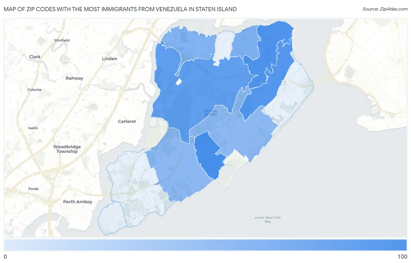 Zip Codes with the Most Immigrants from Venezuela in Staten Island Map