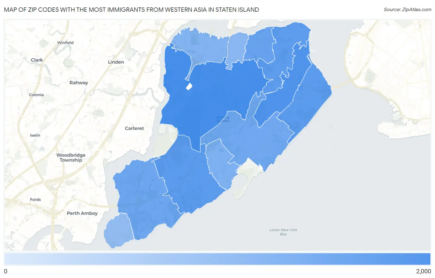 Zip Codes with the Most Immigrants from Western Asia in Staten Island Map