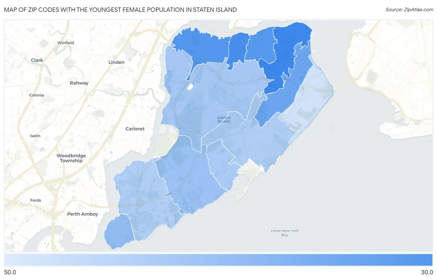 Zip Codes with the Youngest Female Population in Staten Island Map
