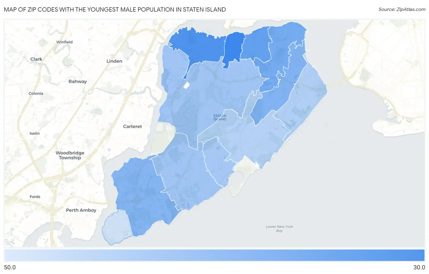 Zip Codes with the Youngest Male Population in Staten Island Map