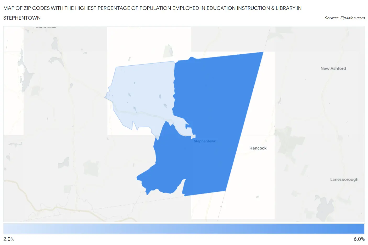 Zip Codes with the Highest Percentage of Population Employed in Education Instruction & Library in Stephentown Map
