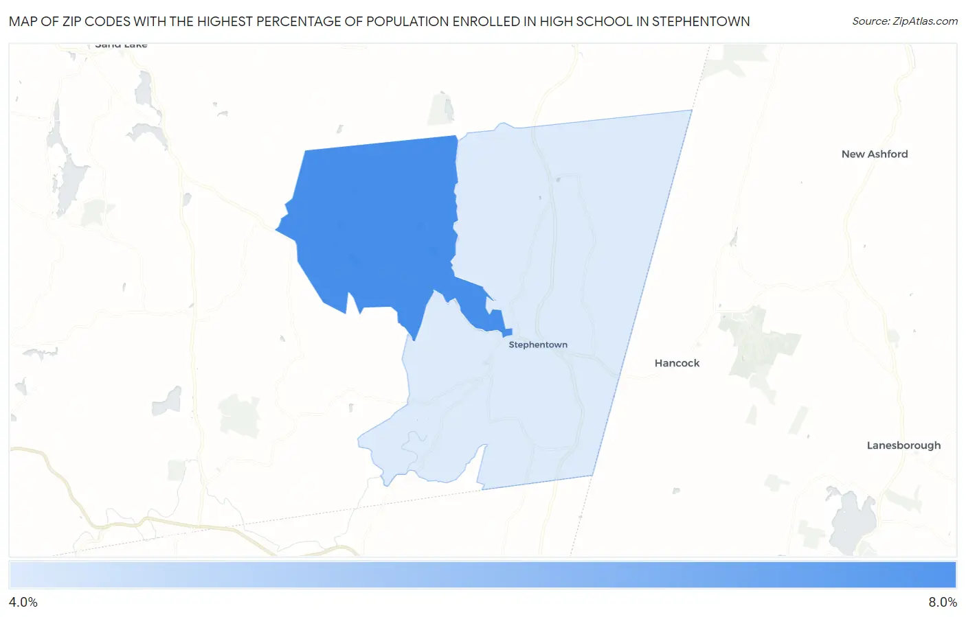 Zip Codes with the Highest Percentage of Population Enrolled in High School in Stephentown Map