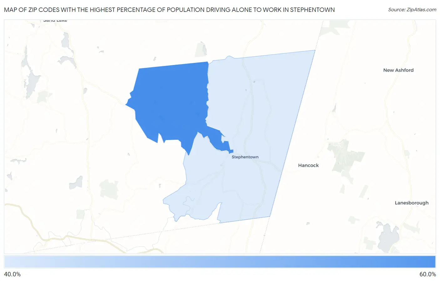Zip Codes with the Highest Percentage of Population Driving Alone to Work in Stephentown Map