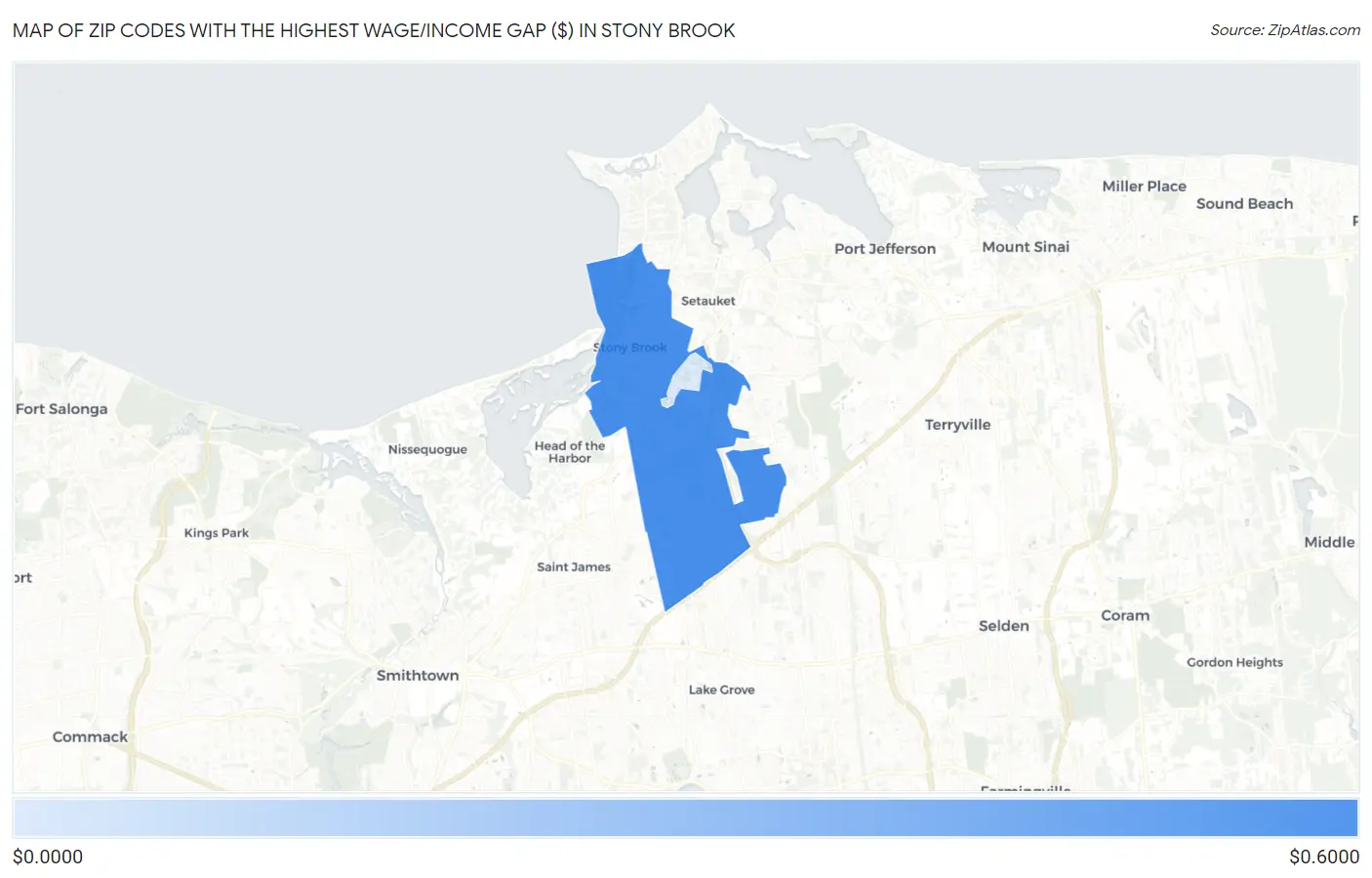 Zip Codes with the Highest Wage/Income Gap ($) in Stony Brook Map