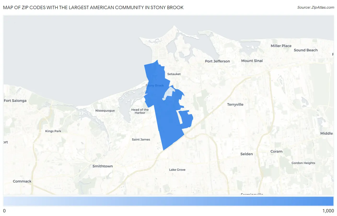Zip Codes with the Largest American Community in Stony Brook Map