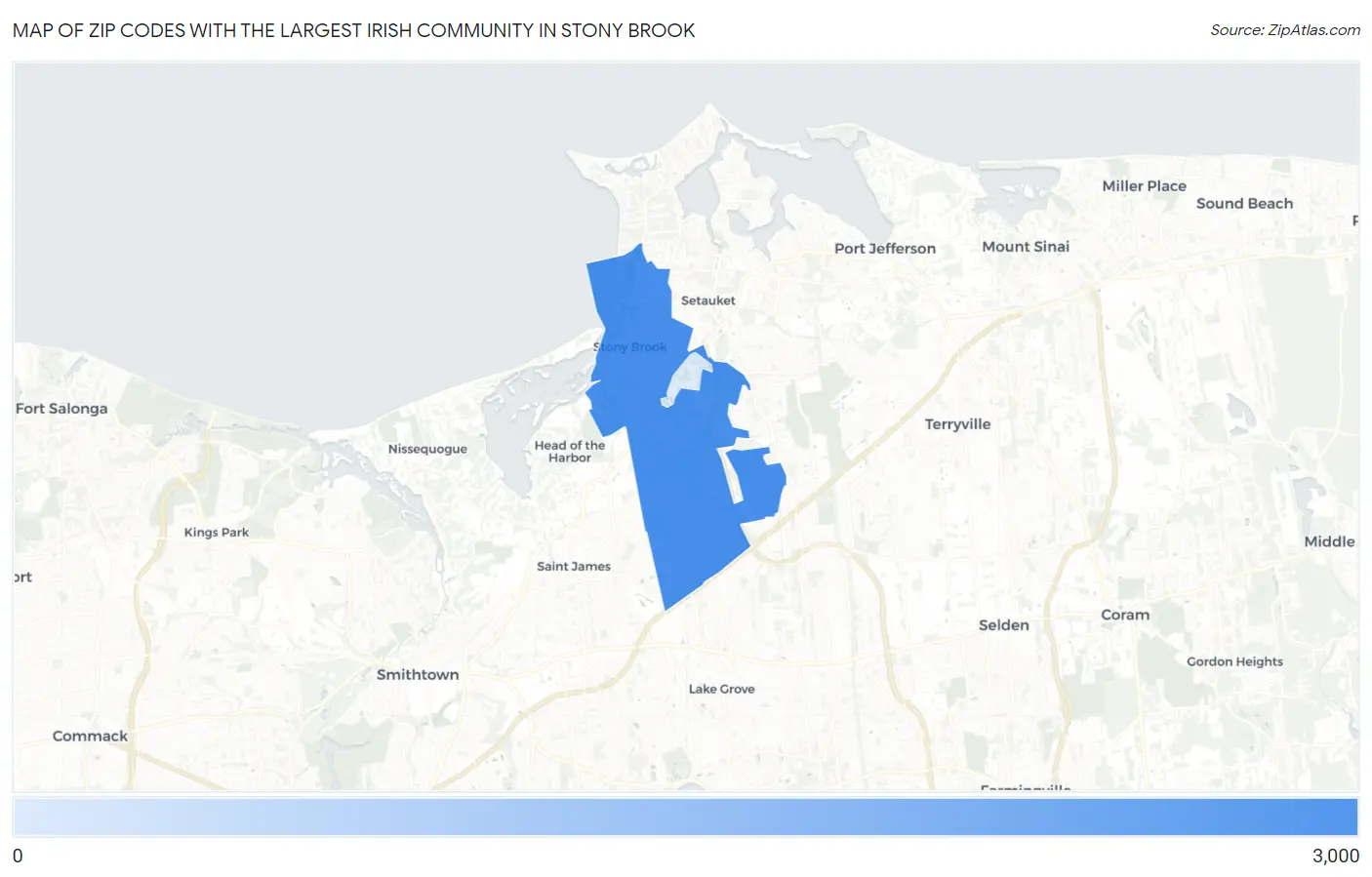 Zip Codes with the Largest Irish Community in Stony Brook Map