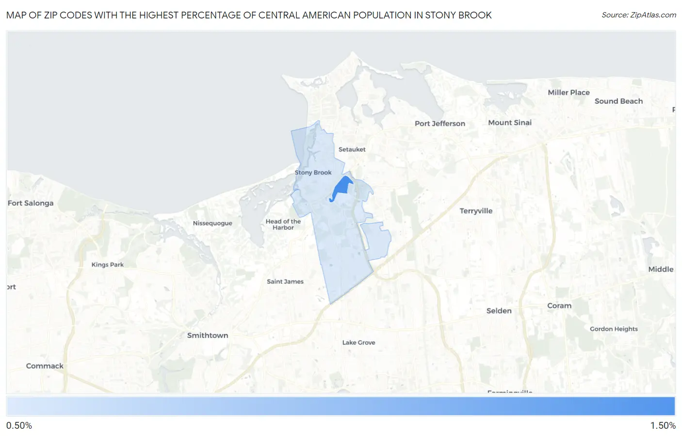 Zip Codes with the Highest Percentage of Central American Population in Stony Brook Map