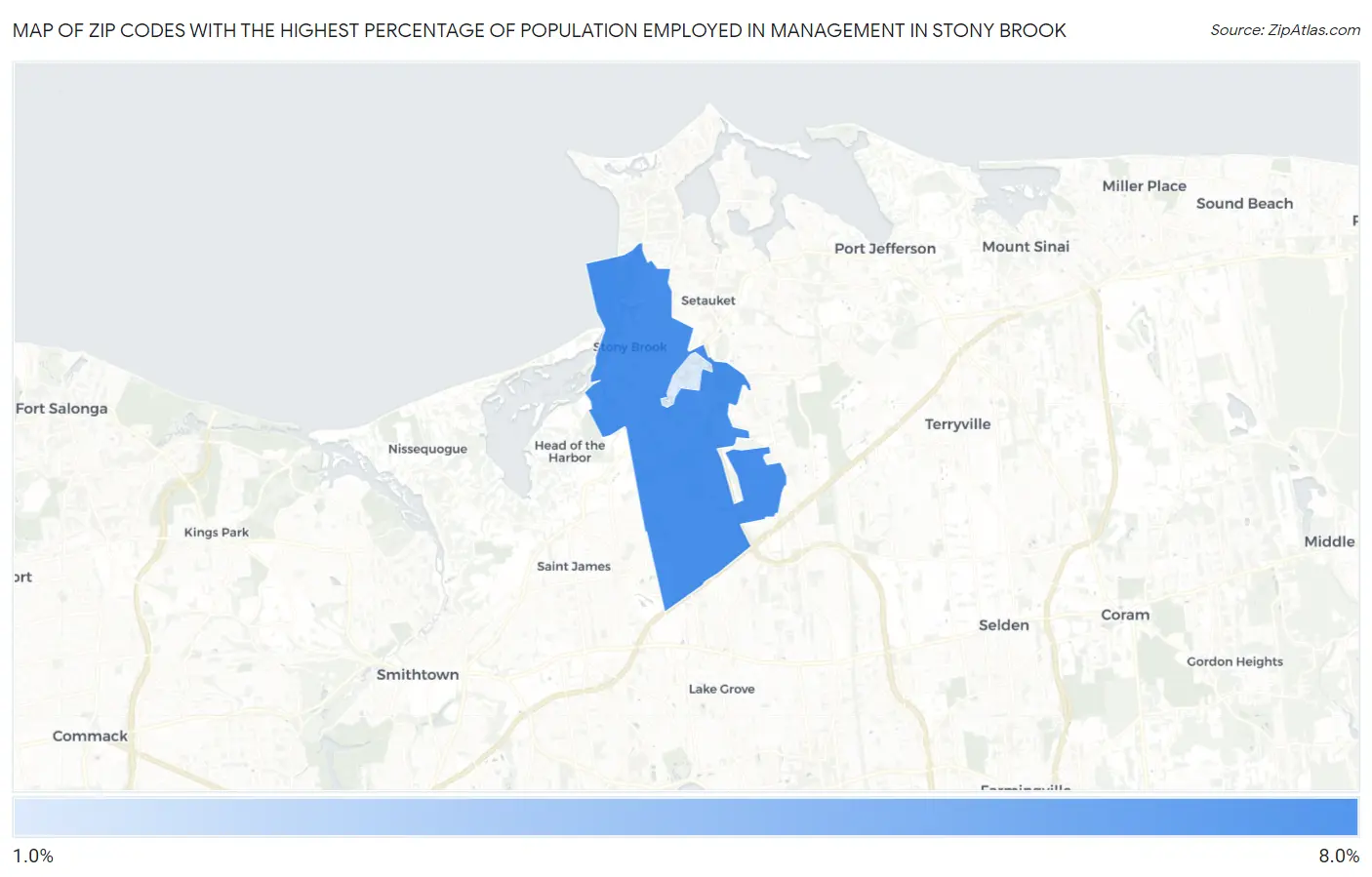 Zip Codes with the Highest Percentage of Population Employed in Management in Stony Brook Map