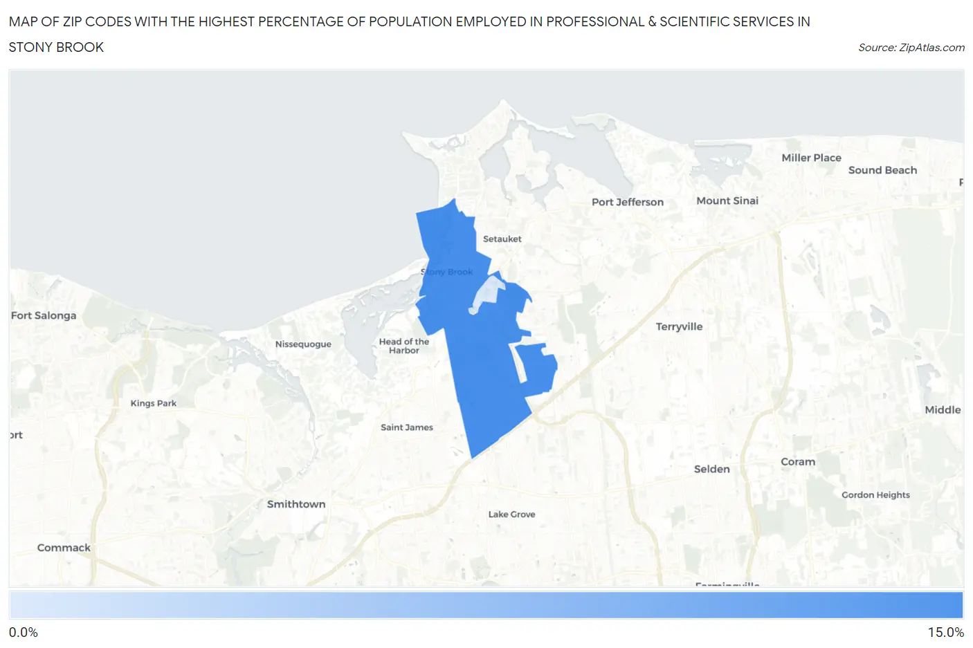 Zip Codes with the Highest Percentage of Population Employed in Professional & Scientific Services in Stony Brook Map