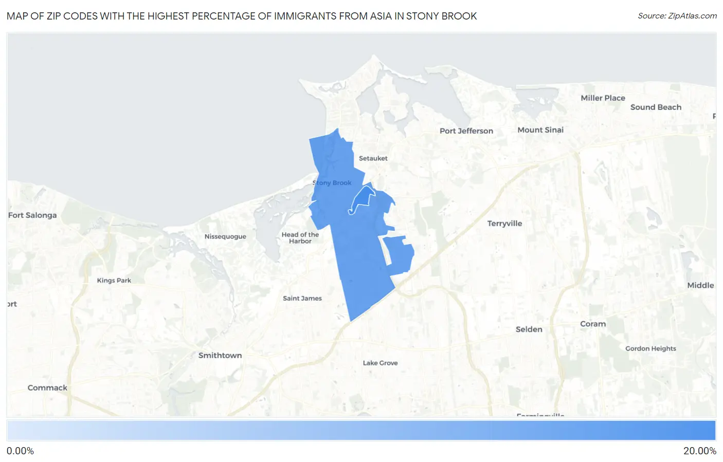 Zip Codes with the Highest Percentage of Immigrants from Asia in Stony Brook Map
