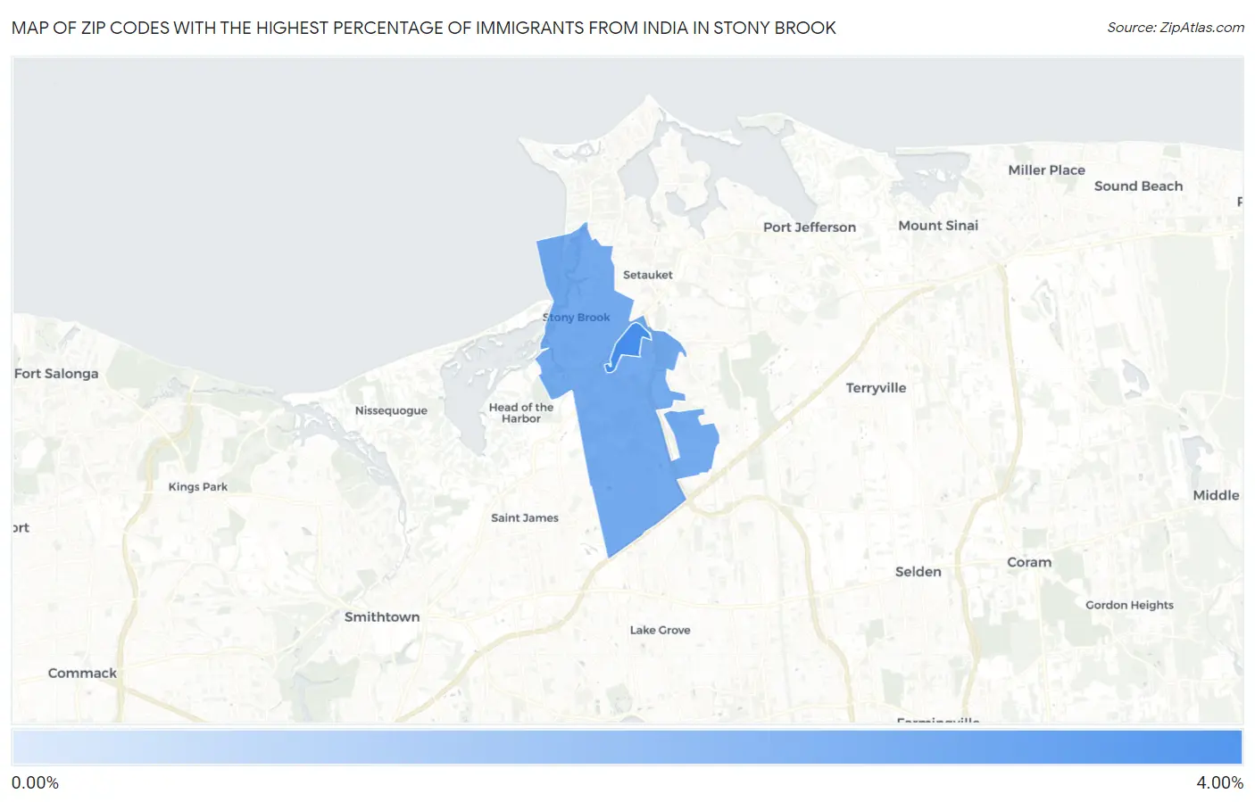 Zip Codes with the Highest Percentage of Immigrants from India in Stony Brook Map