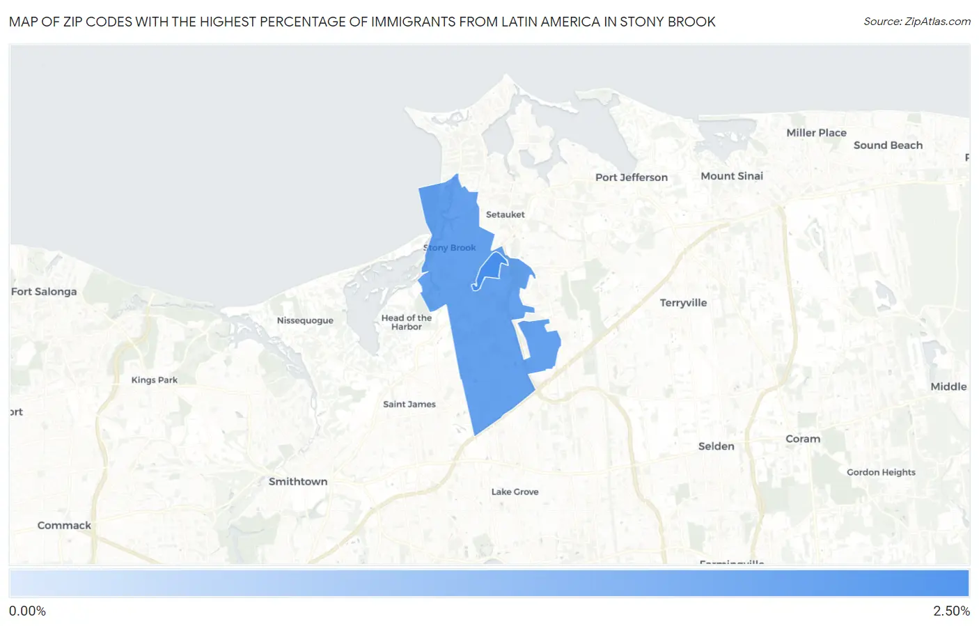 Zip Codes with the Highest Percentage of Immigrants from Latin America in Stony Brook Map