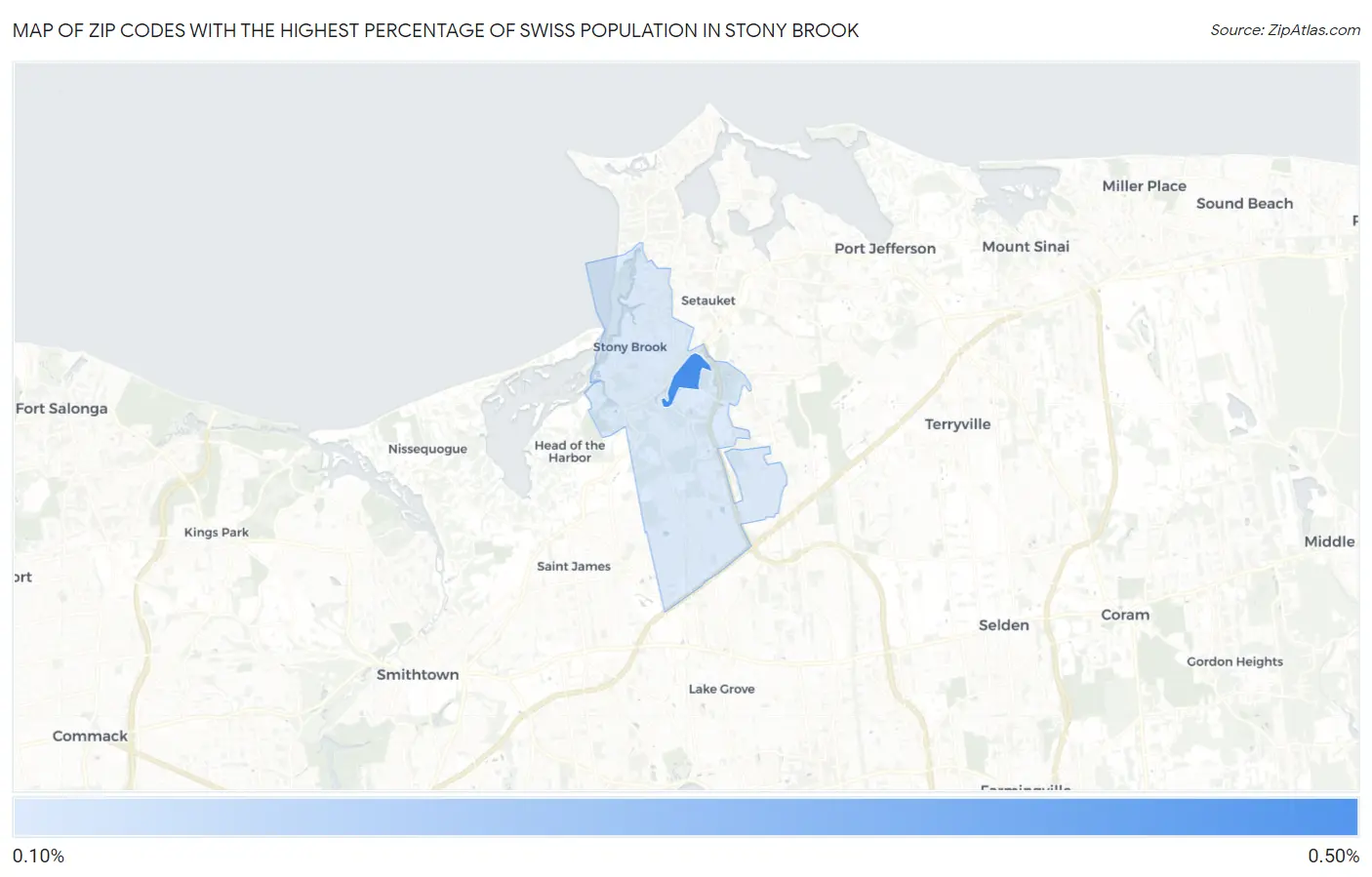 Zip Codes with the Highest Percentage of Swiss Population in Stony Brook Map