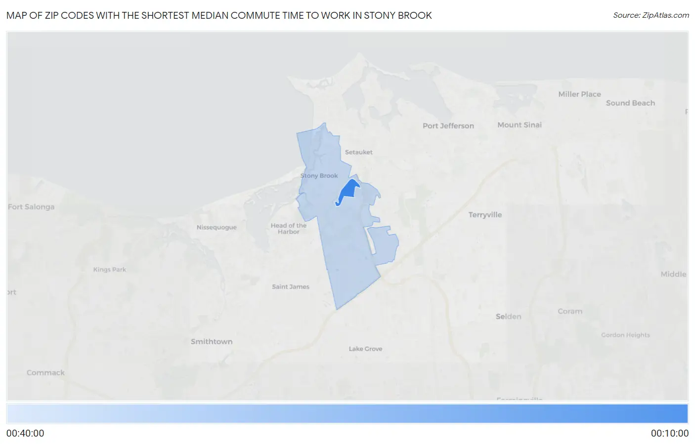 Zip Codes with the Shortest Median Commute Time to Work in Stony Brook Map