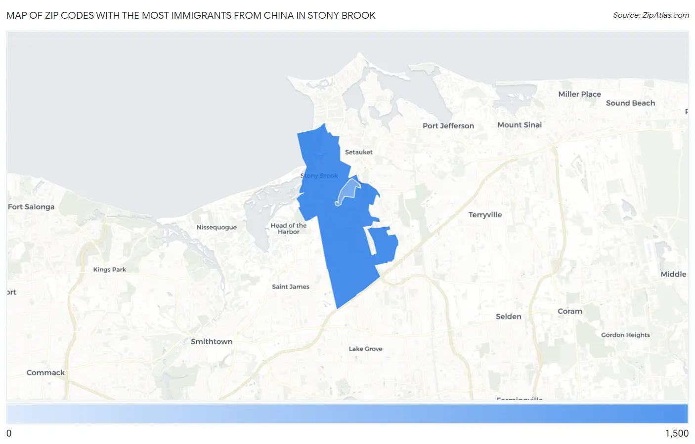 Zip Codes with the Most Immigrants from China in Stony Brook Map