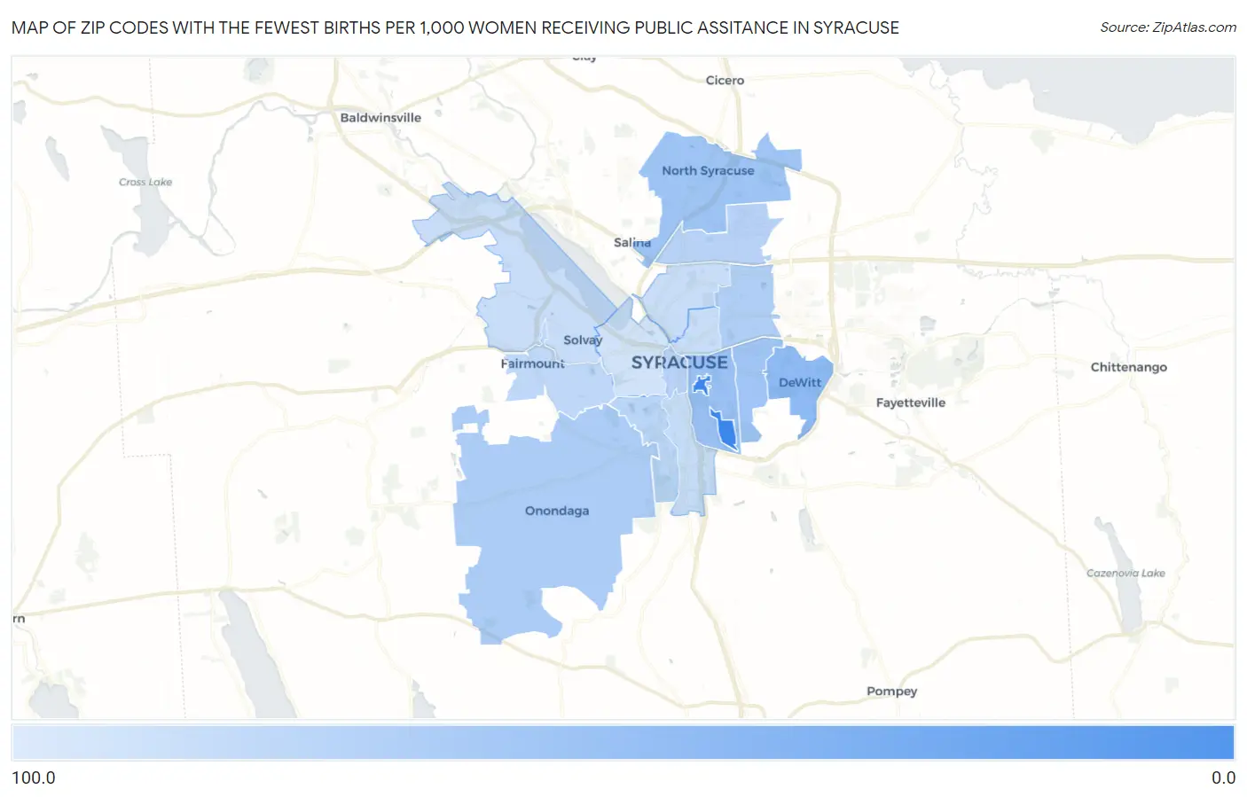 Zip Codes with the Fewest Births per 1,000 Women Receiving Public Assitance in Syracuse Map