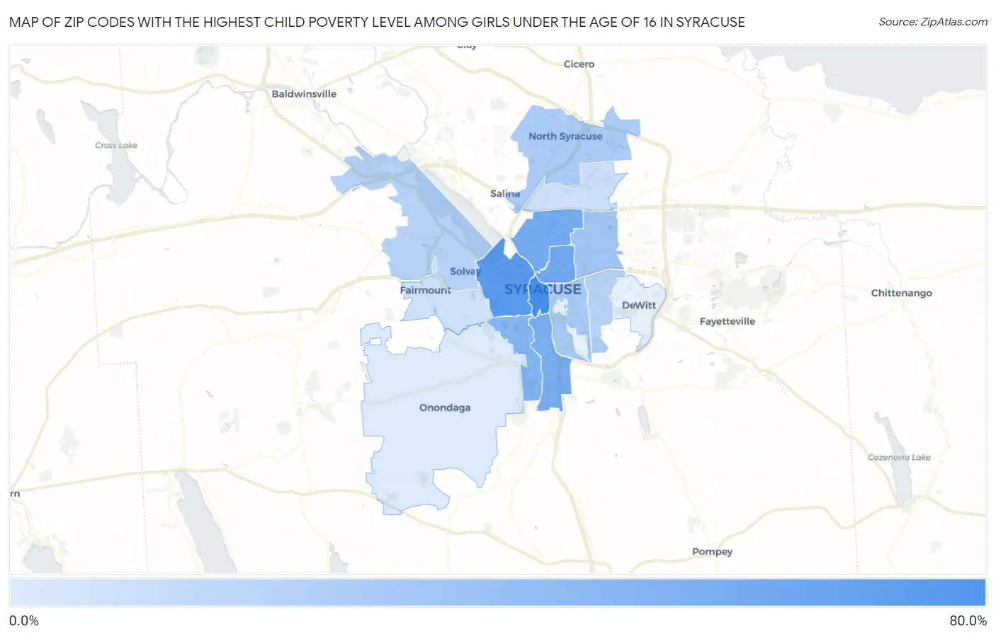 Zip Codes with the Highest Child Poverty Level Among Girls Under the Age of 16 in Syracuse Map